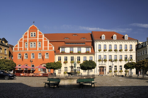 Deutschland, Sachsen, Pulsnitz, Marktplatz, Altes Rathaus, lizenzfreies Stockfoto