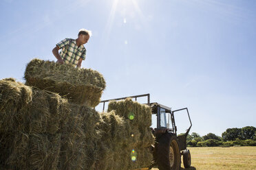 Landwirt stapelt Heuballen auf einem Anhänger. - MINF09739