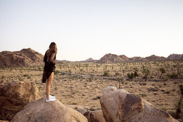 USA, Kalifornien, Los Angeles, Frau auf Felsen mit Blick auf die Landschaft im Joshua Tree National Park - DAWF00843