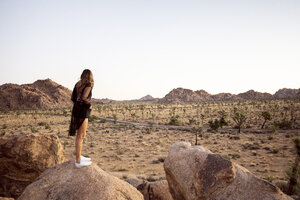 USA, California, Los Angeles, woman on rock overlooking landscape in Joshua Tree National Park - DAWF00843