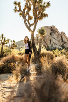 USA, Kalifornien, Los Angeles, Frau beim Spaziergang im Joshua Tree National Park im Gegenlicht - DAWF00852