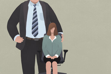 Businesswoman sitting in office chair next to giant man in suit - FSIF03495