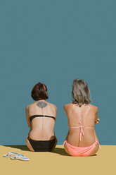 Frauen in Bikinis beim Sonnenbaden auf grünem Hintergrund - FSIF03540