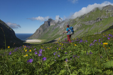 Female hiker hiking towards Horseid beach, Moskenesoya, Lofoten Islands, Norway - AURF07914