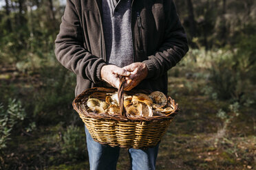 Nahaufnahme eines älteren Mannes mit einem Korb voller Pilze im Wald - JRFF02249
