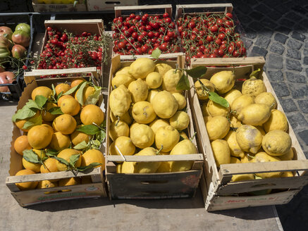 Italien, Ischia, Kisten mit frischen Zitronen und Tomaten auf der Piazza Marina - AMF06530