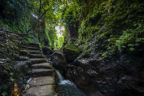 Indonesien, Bali, Treppen im heiligen Affenwald Ubud, lizenzfreies Stockfoto