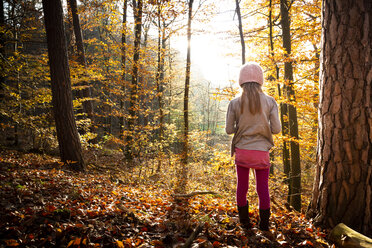 Junges Mädchen steht allein im Herbstwald, Rückansicht - LVF07634