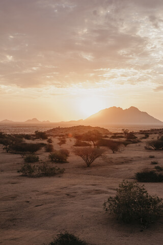 Namibia, Spitzkoppe, desert landscape at sunset stock photo