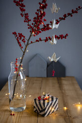 Wrapped present, twig of holly in vase and fairy lights - OJF00333