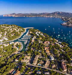 Spain, Baleares, Mallorca, Calvia region, Aerial view of Santa Ponca, Marina, Serra de Tramuntana in the background - AMF06576