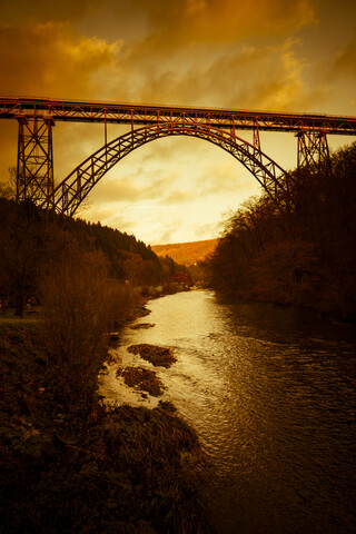 Germany, Muengsten Bridge between Solingen and Remscheid with Wupper in the foreground at twilight stock photo