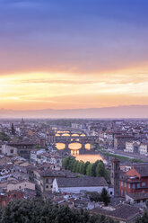 Italy, Tuscany, Florence, Cityscape with Ponte Vecchio at sunrise - RPSF00266