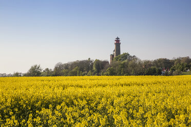 Deutschland, Rügen, Kap Arkona, Kap Arkona Leuchtturm und Schinkelturm am Rapsfeld - MAMF00256