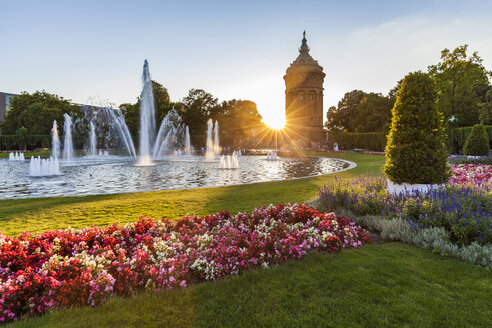 Deutschland, Mannheim, Friedrichsplatz mit Springbrunnen und Wasserturm im Hintergrund bei Sonnenuntergang - WDF05011