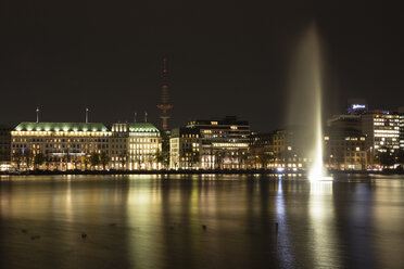 Germany, Hamburg, view to Jungfernstieg with Binnenalster in the foreground at night - WIF03722