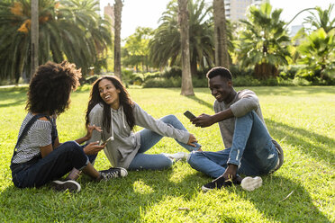 Freunde sitzen im Gras, haben Spaß, benutzen ihr Smartphone - GIOF05406