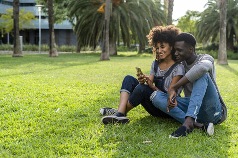 Glückliches Paar sitzt auf einer Wiese in einem Park und benutzt ein Smartphone, lizenzfreies Stockfoto