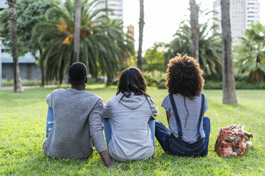 Drei Freunde sitzen in einem Park und beobachten den Sonnenuntergang - GIOF05430