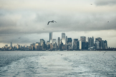 USA, New York, Panorama of Manhattan skyline, birds fly - OCMF00198