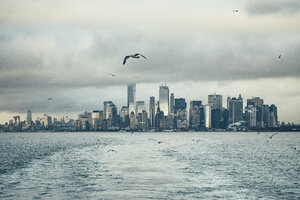 USA, New York, Panorama der Skyline von Manhattan, Vögel fliegen - OCMF00198