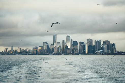 USA, New York, Panorama der Skyline von Manhattan, Vögel fliegen - OCMF00198