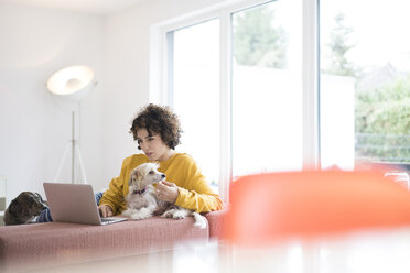 Frau mit Hunden benutzt Laptop zu Hause - JOSF02678