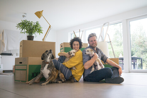 Glückliches Paar sitzt im Wohnzimmer mit Hunden und Kartons, lizenzfreies Stockfoto