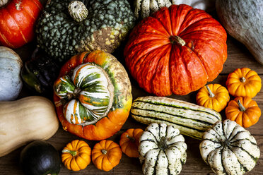 High angle close up of a selection of pumpkins and squash. - MINF09868