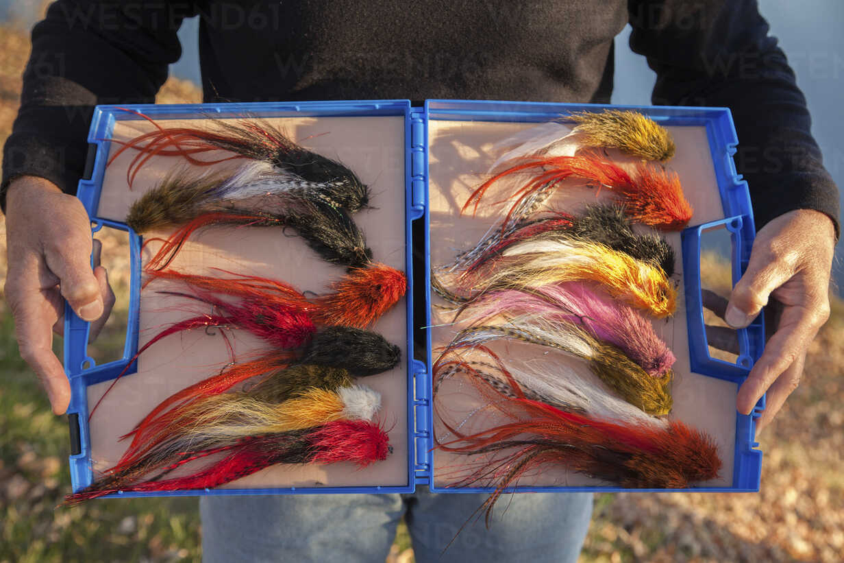 Gigantic fly fishing flies used fishing for Muskie in Wisconsin, USA. stock  photo