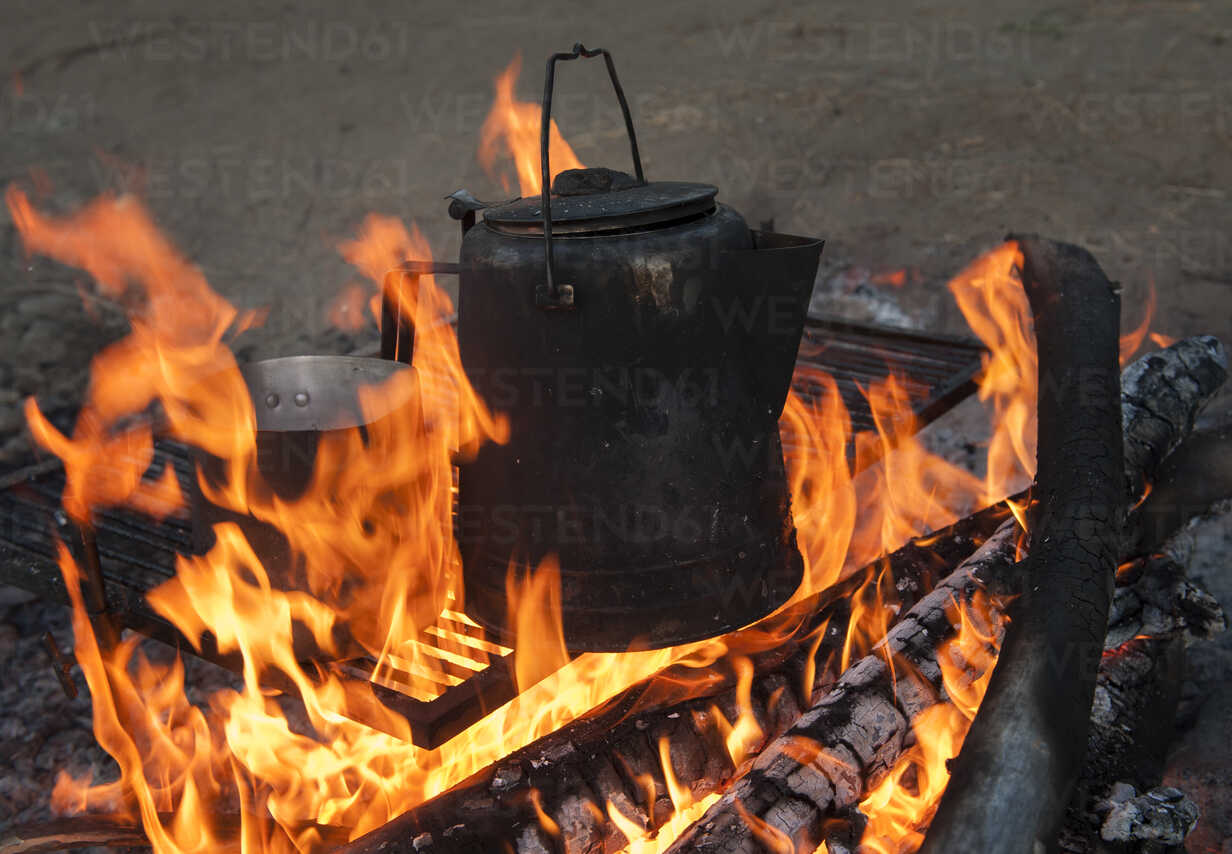 Percolating Coffee Over an Open Fire. Stock Photo - Image of metal