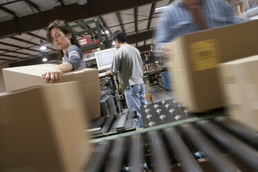 Lagermitarbeiter ordnen Kartons, die auf einem Förderband in einem Auslieferungslager transportiert werden. - MINF09958
