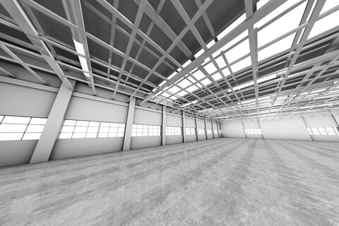Architekturvisualisierung einer leeren Lagerhalle, 3D Rendering, lizenzfreies Stockfoto