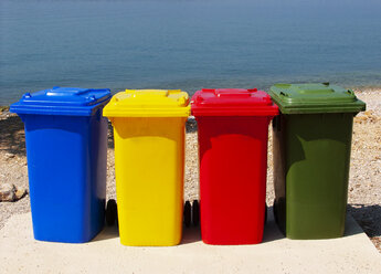 Croatia, Kvarner Gulf, multicoloured dustbins - WWF04796