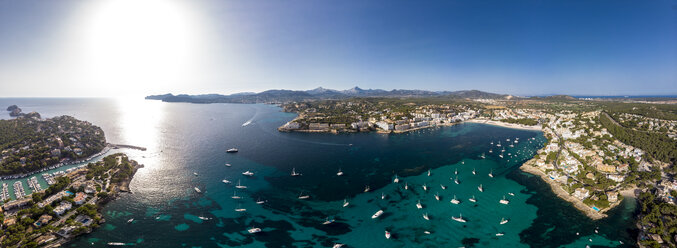 Spain, Baleares, Mallorca, Calvia region, Aerial view of Santa ponca, marina, Serra de Tramuntana in the background - AMF06650