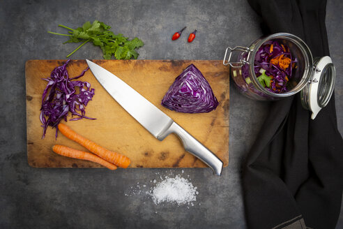 Preparation of homemade red cabbage, fermented, with chili, carrot and coriander - LVF07655