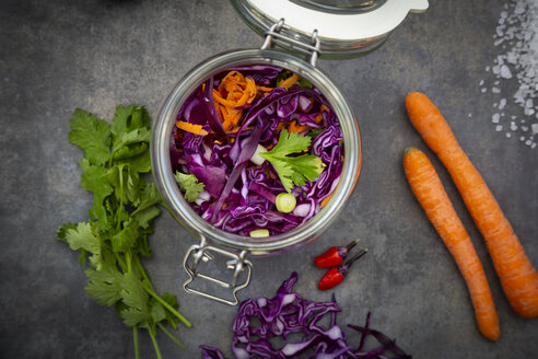 Homemade red cabbage, fermented, with chili, carrot and coriander, in a preserving jar - LVF07656