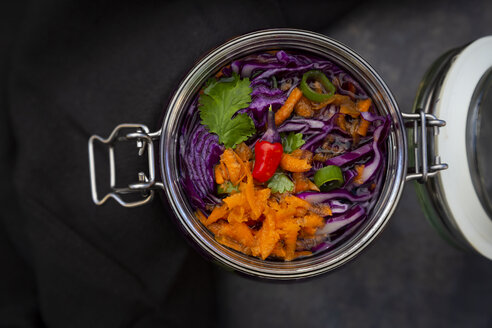 Hausgemachter Rotkohl, fermentiert, mit Chili, Karotte und Koriander, im Einmachglas - LVF07657