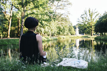 Rückenansicht eines auf einer Wiese am Wasser sitzenden Künstlers in einer Parkzeichnung - JUBF00314