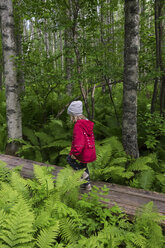 Finland, Kuopio, girl walking in a birch forest - PSIF00205