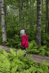 Finnland, Kuopio, Mädchen geht in einem Birkenwald spazieren - PSIF00205
