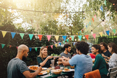 Junge männliche und weibliche Freunde genießen das Abendessen während einer Gartenparty - MASF10415