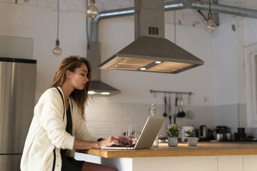 Young woman sitting in the kitchen, using laptop - ERRF00632