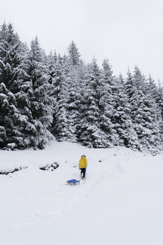 Österreich, Tirol, Thurn, Rückenansicht einer Schlitten ziehenden Frau in verschneiter Landschaft, lizenzfreies Stockfoto