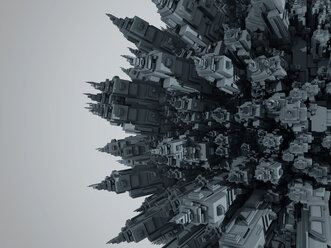 3D gerenderte Illustration eines Cartoon-Planeten, der vollständig mit städtischen Gebäuden und Wolkenkratzern gefüllt ist - SPCF00325