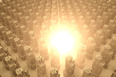 Explosion oder Energieausbruch in einer konzeptionellen Stadt, 3D-Rendering - SPCF00329