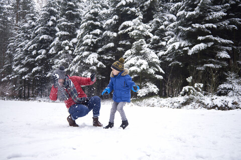 Vater und kleiner Sohn bei einer Schneeballschlacht im Winterwald, lizenzfreies Stockfoto
