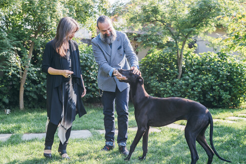 Ehepaar mit Hund im Garten, lizenzfreies Stockfoto