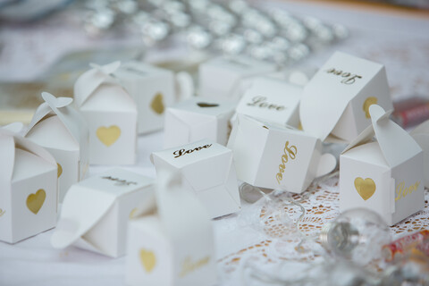 Boxes of confetti at wedding stock photo