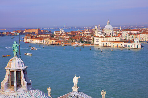 High angle view of Giudecca canal with cityscape from San Giorgio Maggiore church tower , Venice, Veneto, Italy stock photo